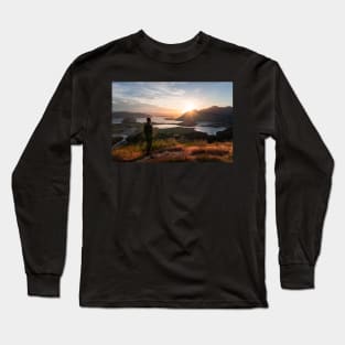 Man Overlooking Sunrise Lake Wanaka New Zealand Long Sleeve T-Shirt